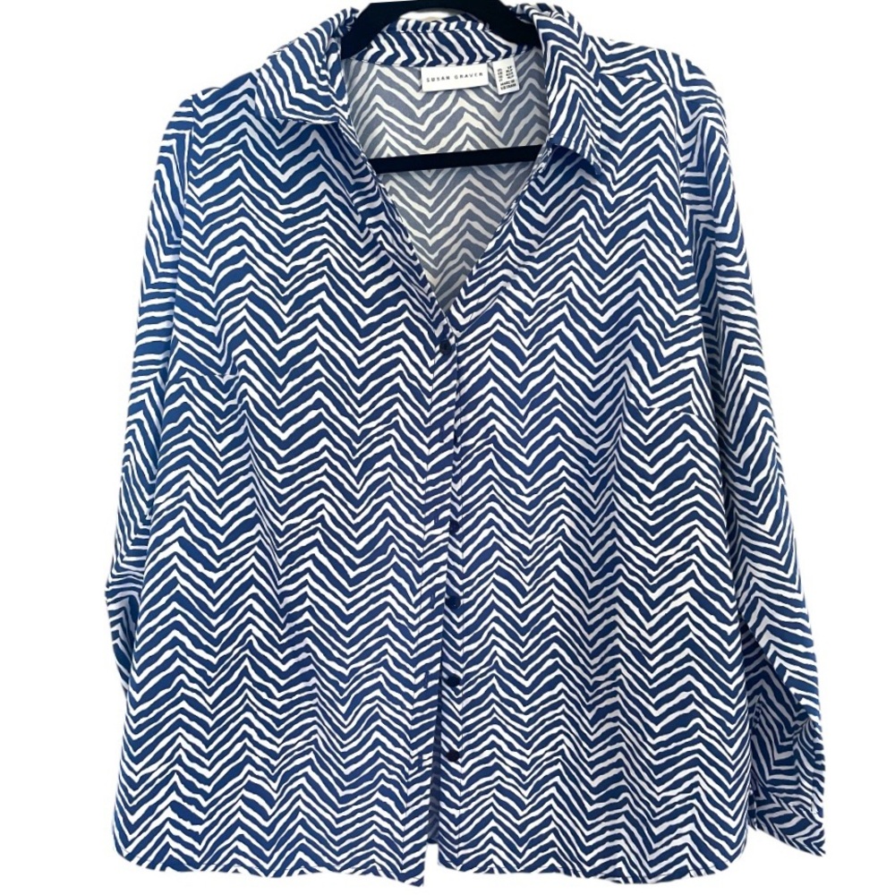 Susan Graver Stretch Woven Shirt Navy Blue White Print Large Petite